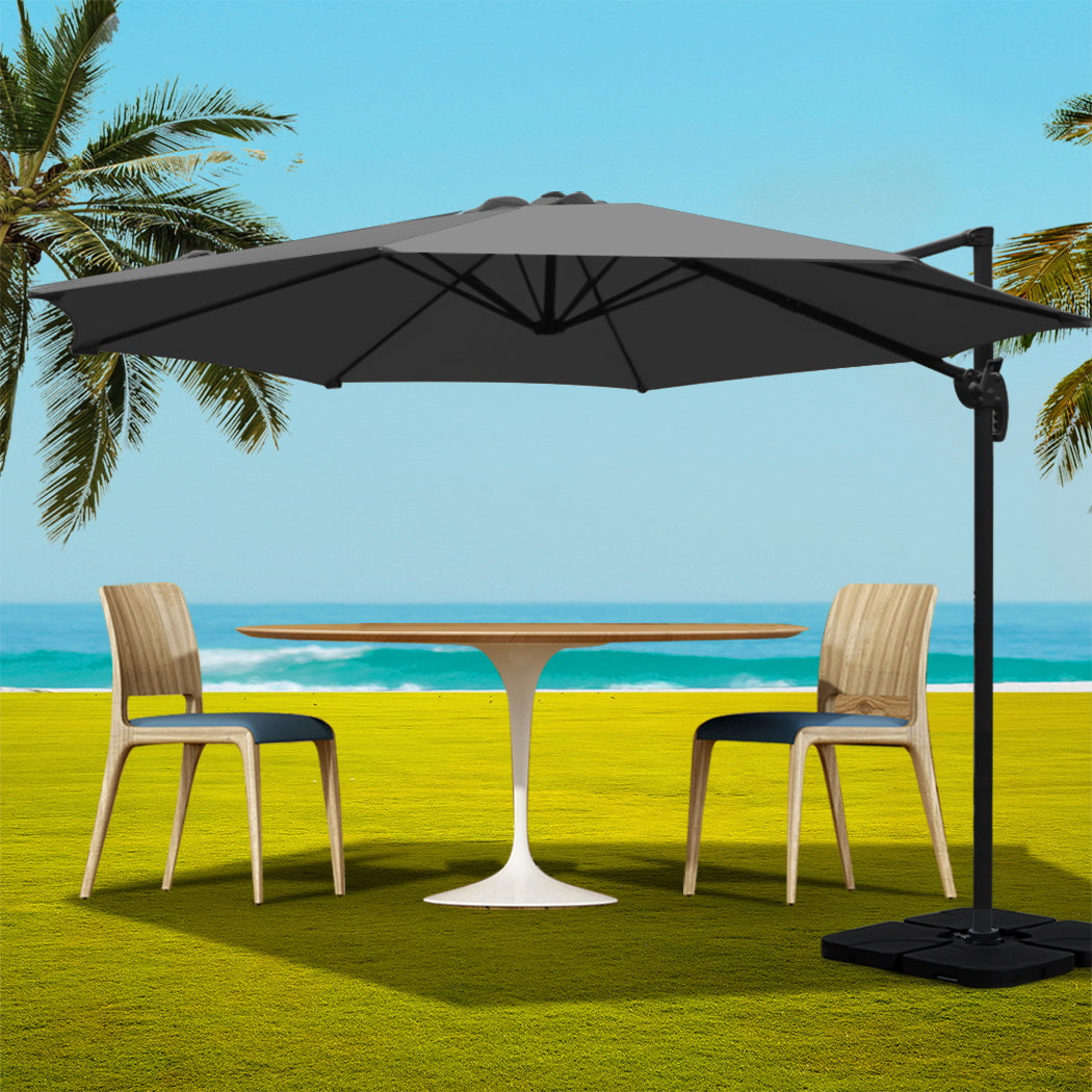 3m Outdoor Umbrella w/Base Cantilever Beach Roma 360 Degree Tilt Charcoal