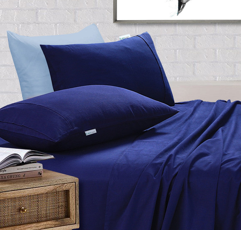 Elan Linen 100% Egyptian Cotton Vintage Washed 500TC Navy Blue 50 cm Deep Mega King Bed Sheets Set