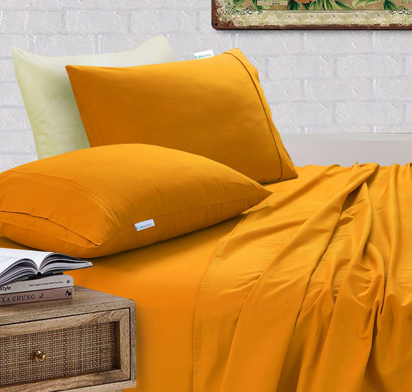 100% Egyptian Cotton Vintage Washed 500TC Mustard 50 cm Deep Mega Queen Bed Sheets Set