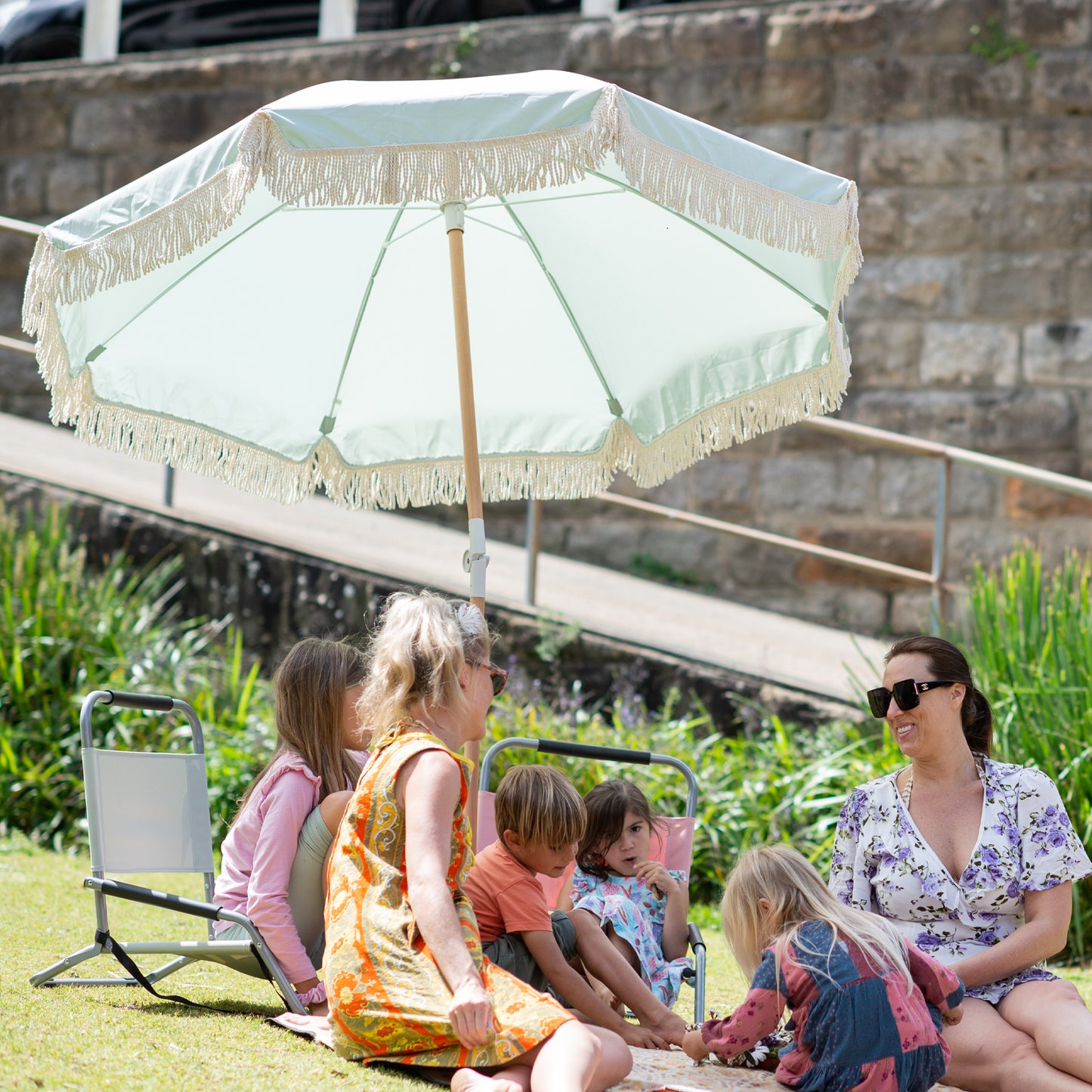 Havana Outdoors Beach Umbrella Portable 2 Metre Fringed Garden Sun Shade Shelter - Sage Green