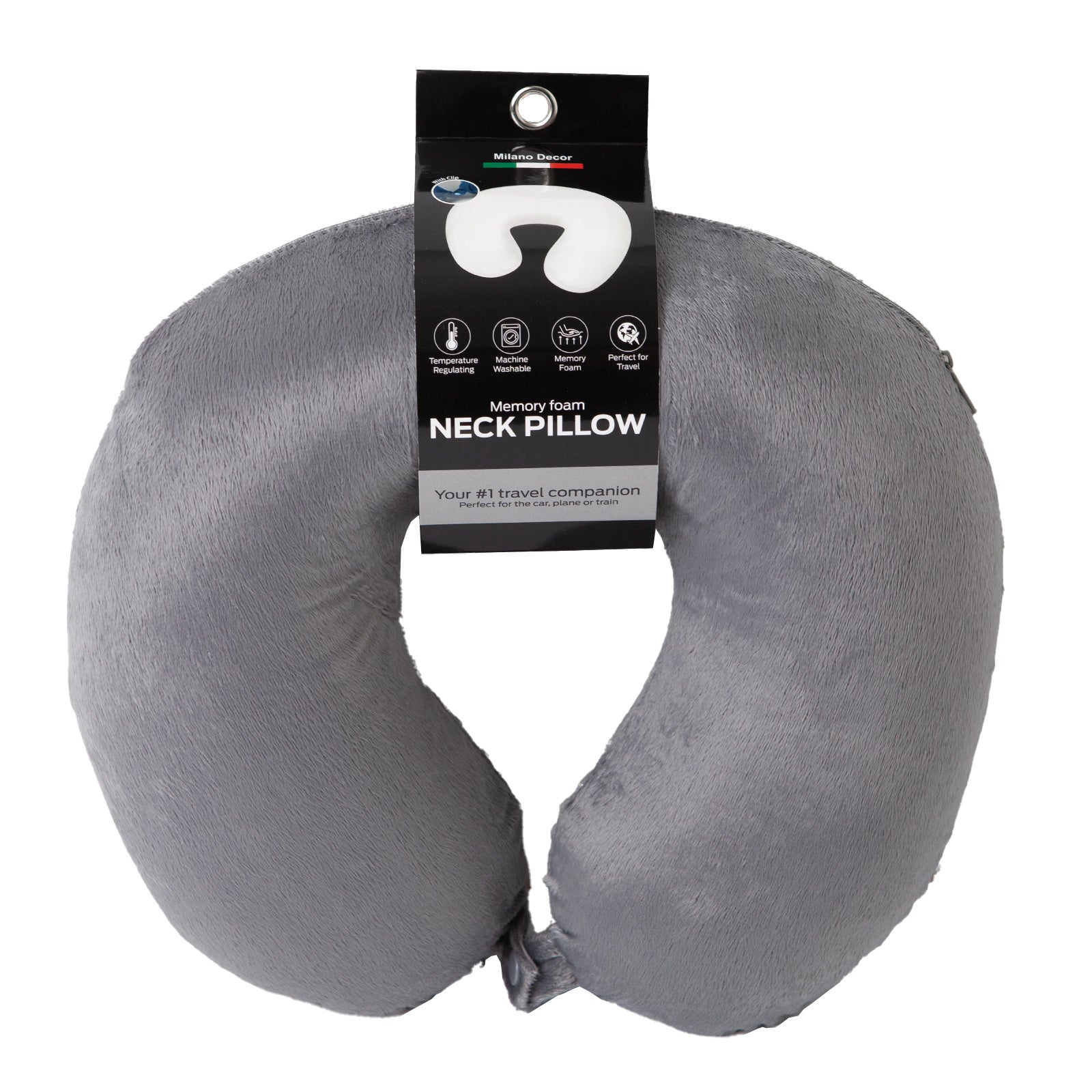 Milano Decor Memory Foam Travel Neck Pillow With Clip Cushion Support Soft Grey