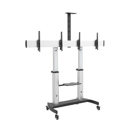 BRATECK Dual Screen Aluminum Height-Adjustable TV Cart with Media Shelf for 37'-60' TVs Up to 50kg VESA 200x200,300x200,300x300,400x300,400x200,