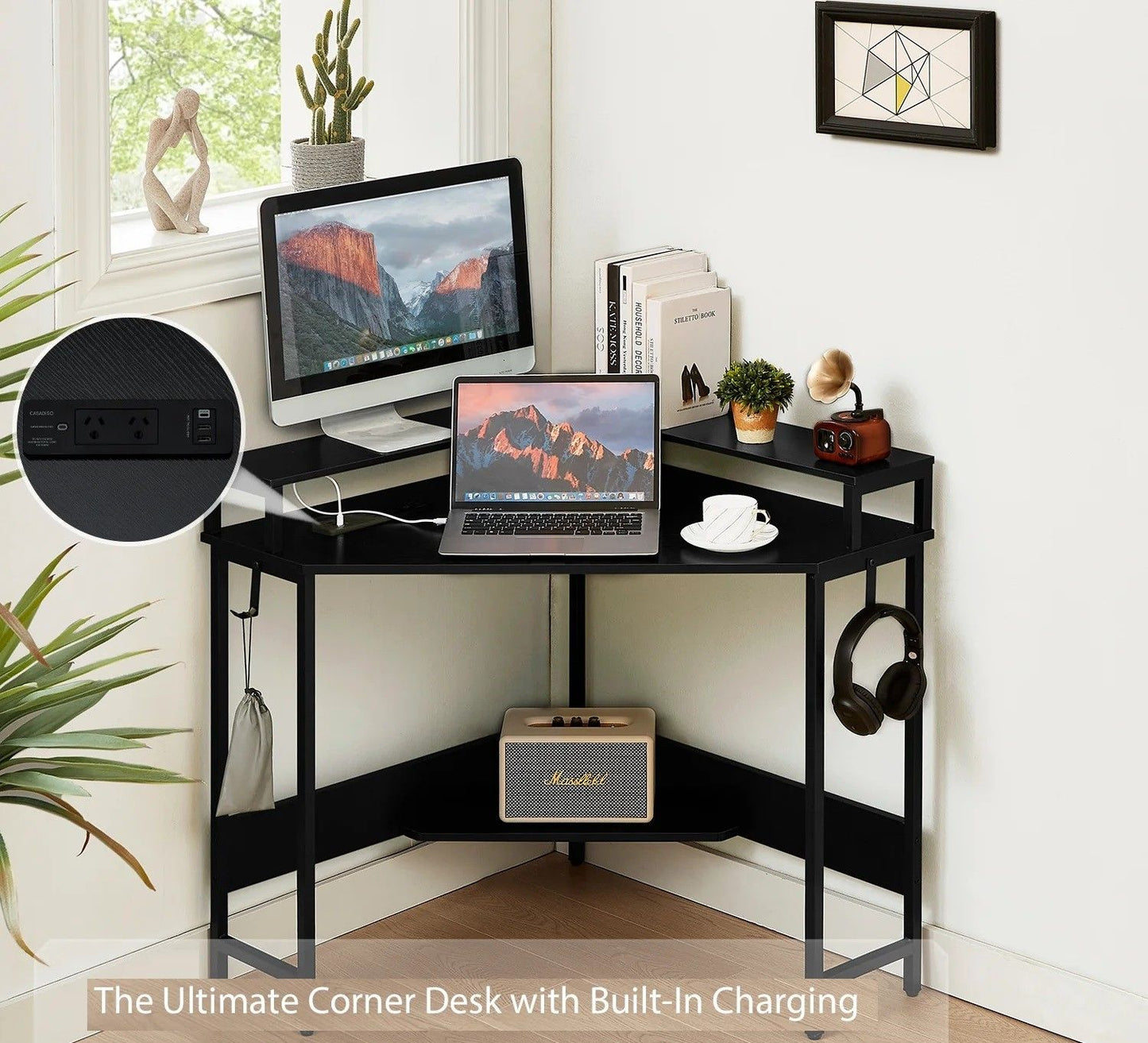 L-Shaped Desk with Built-In Charging Station, Black