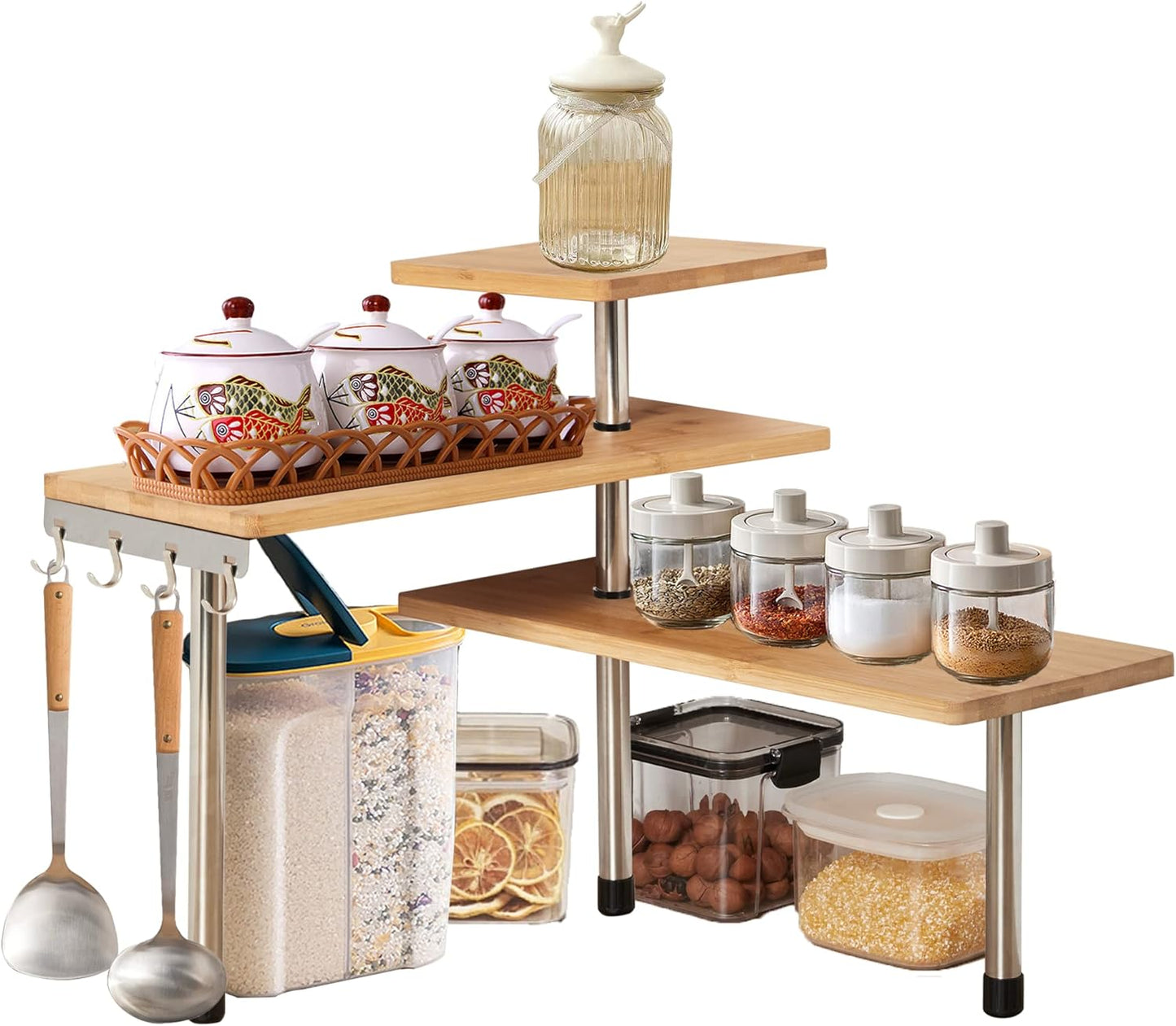 CARLA HOME 3 Tier Corner Shelf Kitchen Spice Rack Organiser with Hooks for Home Storage & Organisation