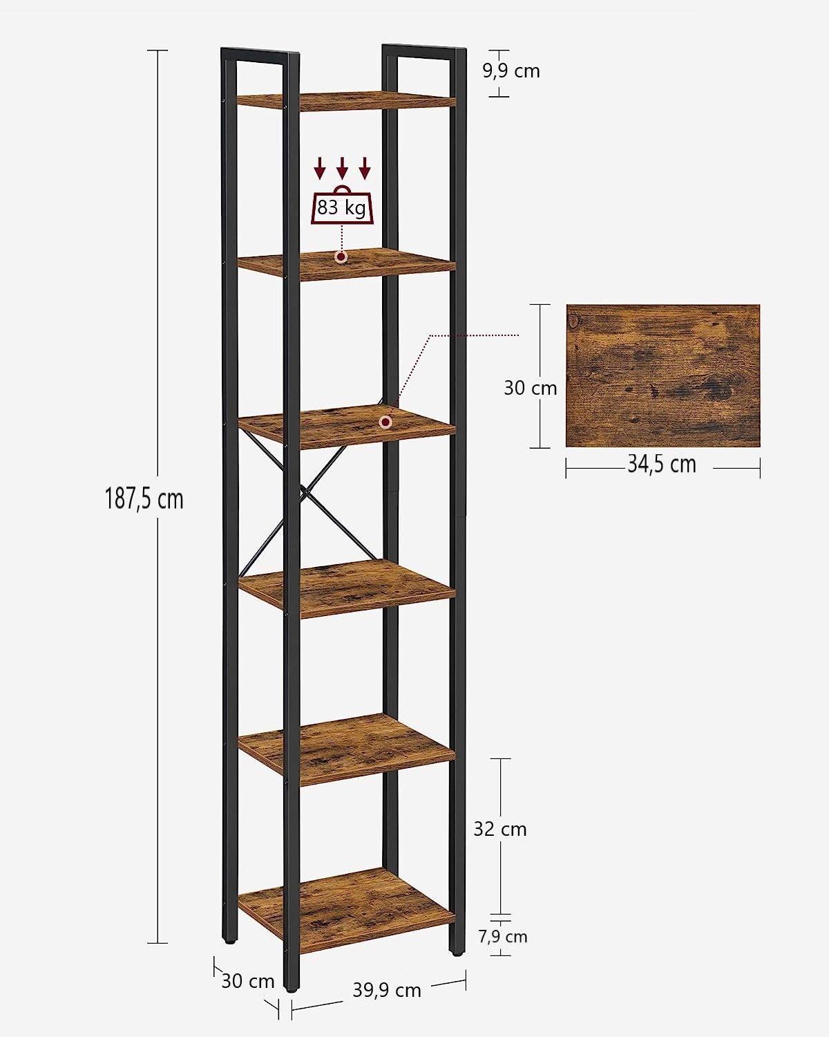 Small 6-Tier Industrial Bookshelf, Rustic Brown, Black