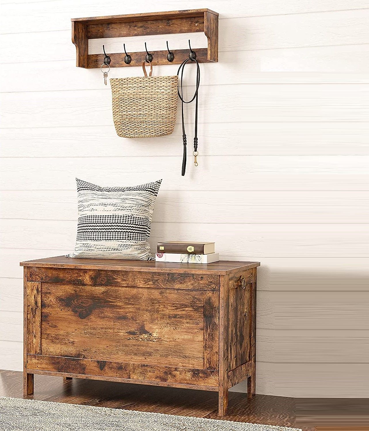 Entryway Storage Bench Wooden Sturdy with Safety Hinge