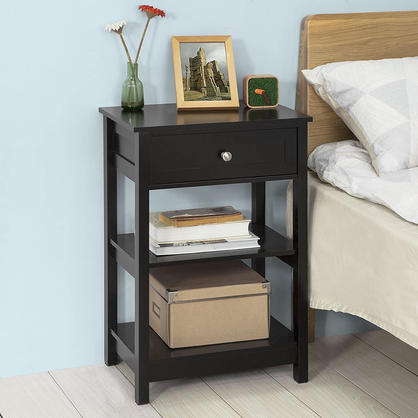 Black Bedside Table with 1 Drawer and 2 Shelves