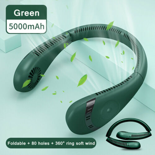 Green 5000mAh Mini Neck Fan Bladeless Foldable Portable Quiet Rechargeable 360degree Cooler