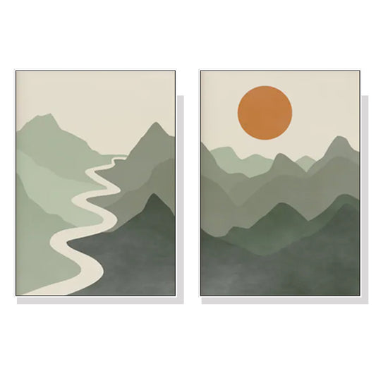 Wall Art 50cmx70cm Sage Green River Mountain 2 Sets White Frame Canvas