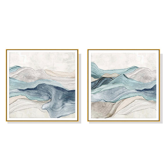 Wall Art 100cmx100cm Blue Mountain 2 Sets Gold Frame Canvas