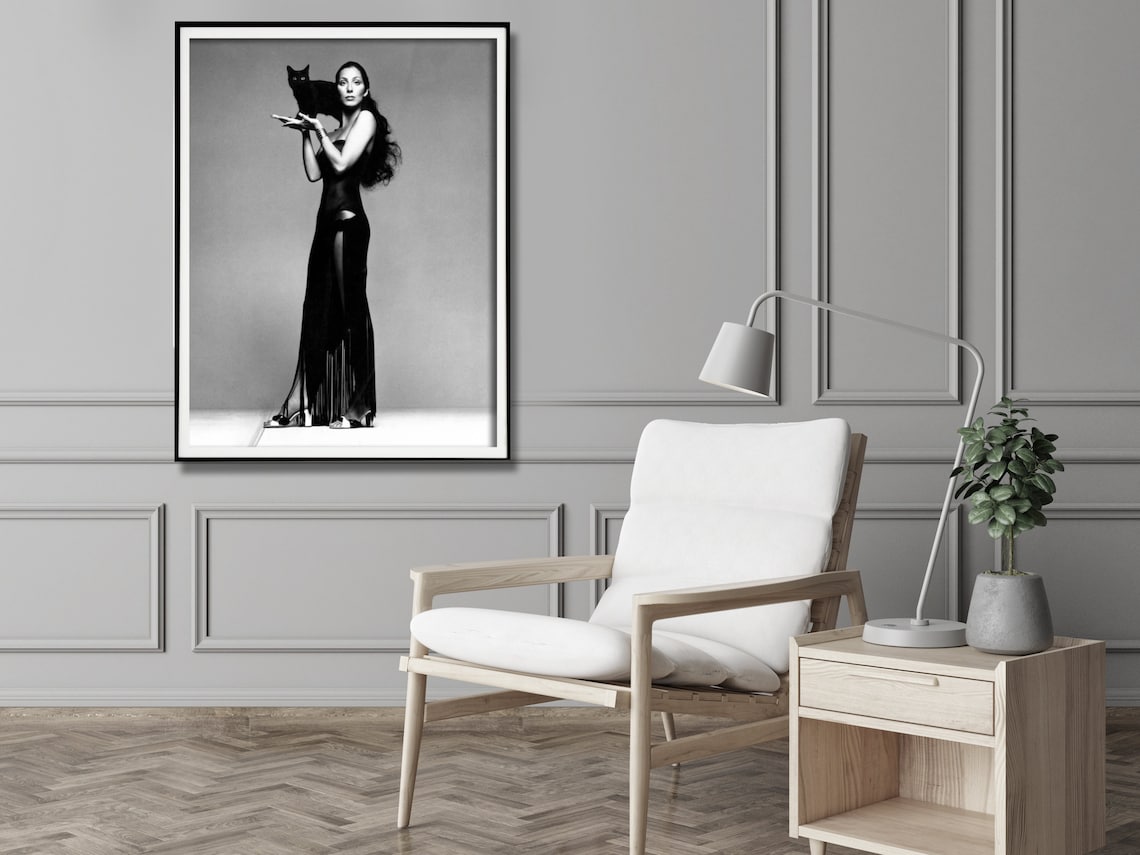 Wall Art 100cmx150cm Cher Music Black and White, Black Frame Canvas