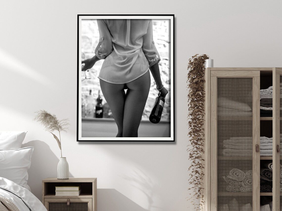 Wall Art 70cmx100cm Woman Drinking Wine , Black and White, Black Frame Canvas