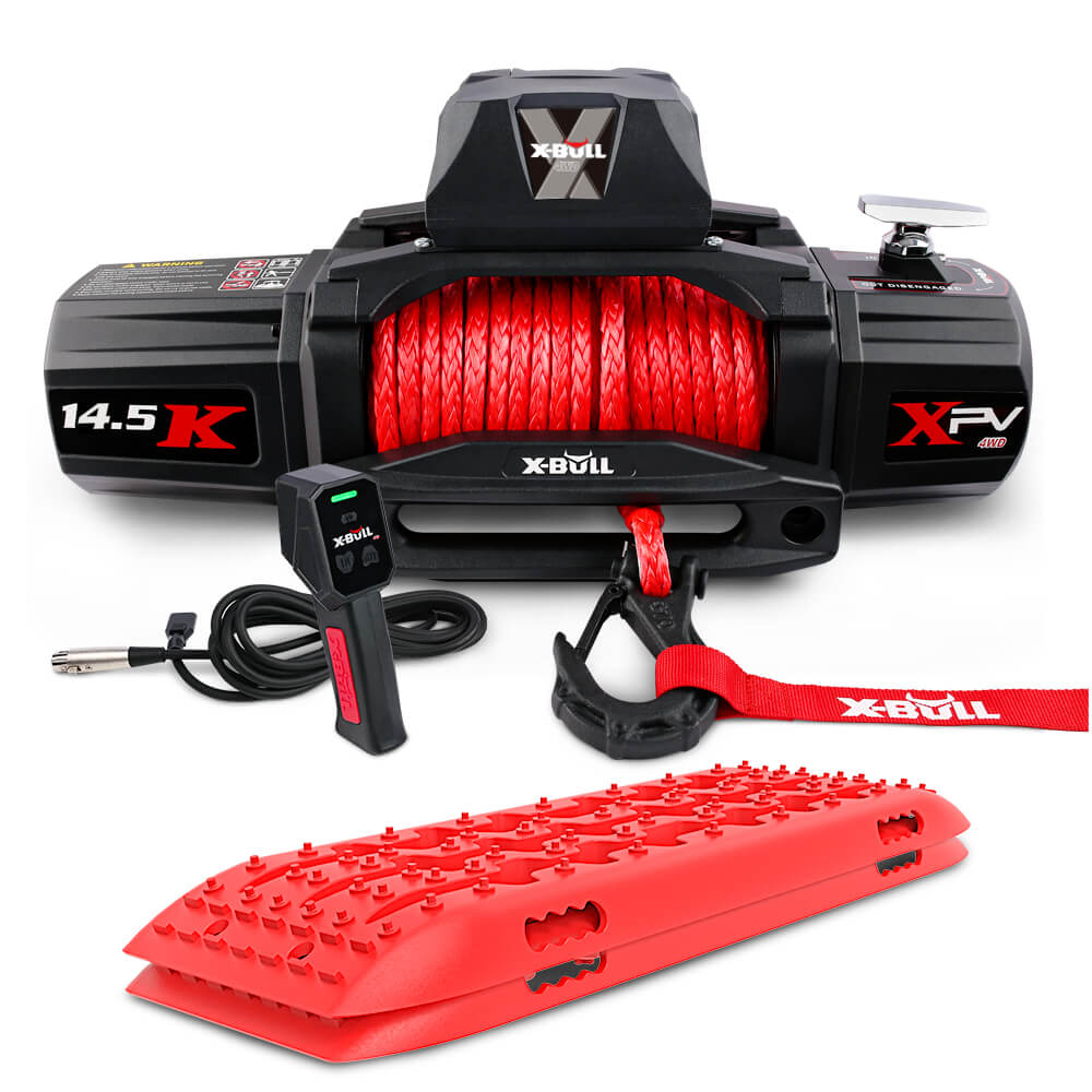 X-BULL 12V Electric Winch 14500LBS synthetic rope with Recovery Tracks Gen2.0 Red