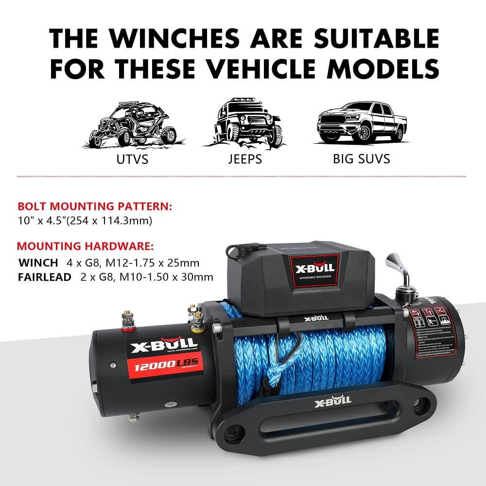 12V Winch 12000LBS synthetic rope with 4PCS Recovery Tracks Gen3.0 Black