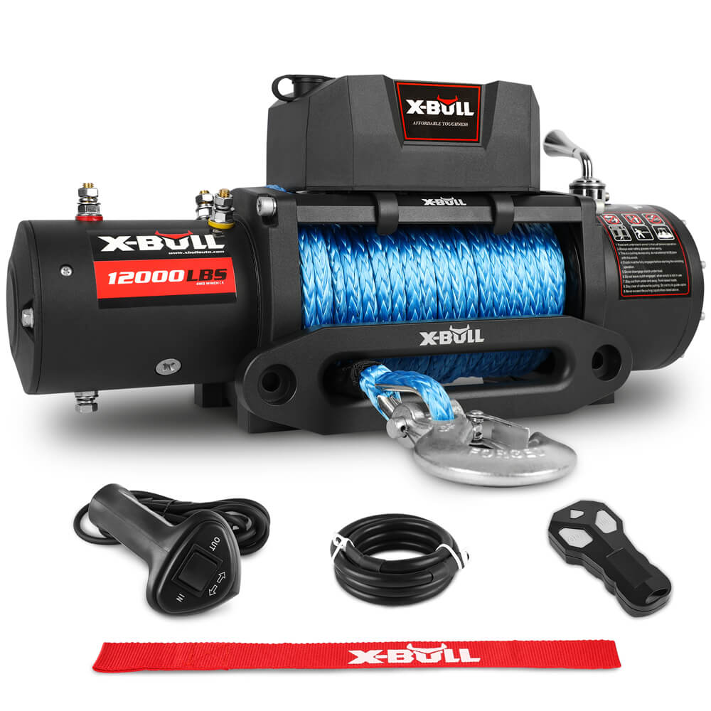 12V Winch 12000LBS synthetic rope with 4PCS Recovery Tracks Gen3.0 Black