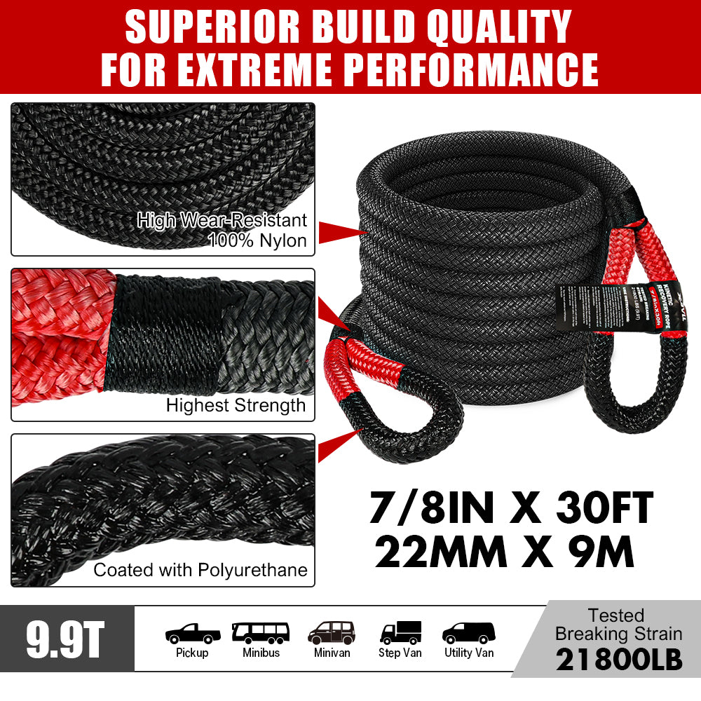 Recovery Rope kit Snatch Strap Soft Shackles Hitch receiver Kinetic Tire Deflator