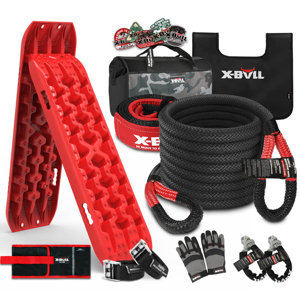 X-BULL 4X4 Recovery Kit Kinetic Recovery Rope Snatch Strap / 2PCS Recovery Tracks 4WD Gen3.0 Red