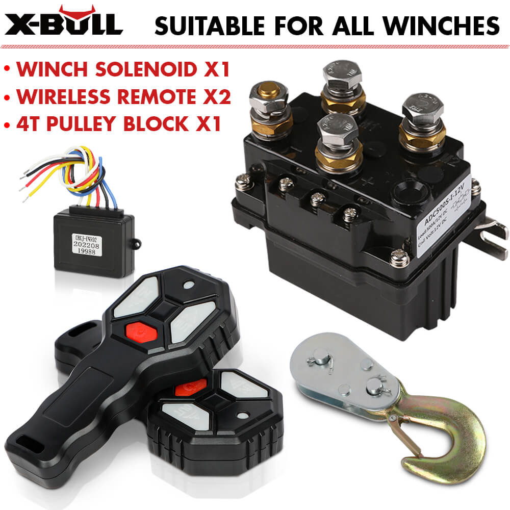 X-BULL Winch Solenoid Relay Wiring Controller 500A 12V and 150ft Wireless Remote 4T Block Pulley 