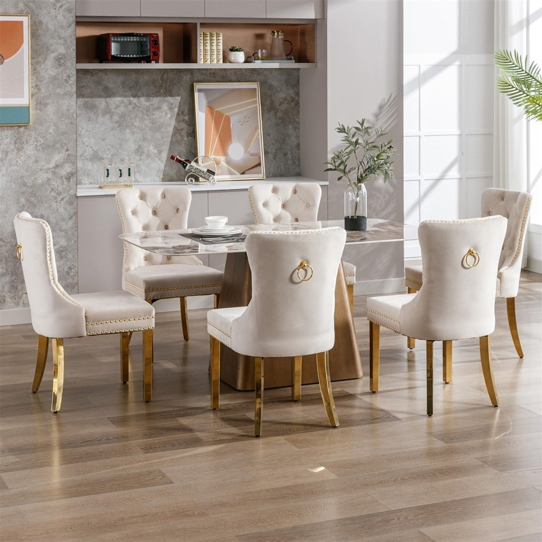 2x Velvet Dining Chairs with Golden Metal Legs-Beige