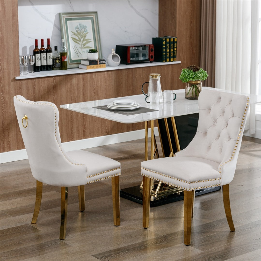 2x Velvet Dining Chairs with Golden Metal Legs-Beige