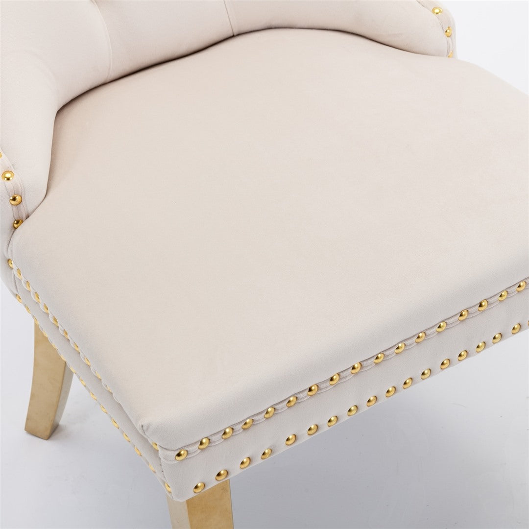 2x Velvet Dining Chairs with Golden Metal Legs-Beige