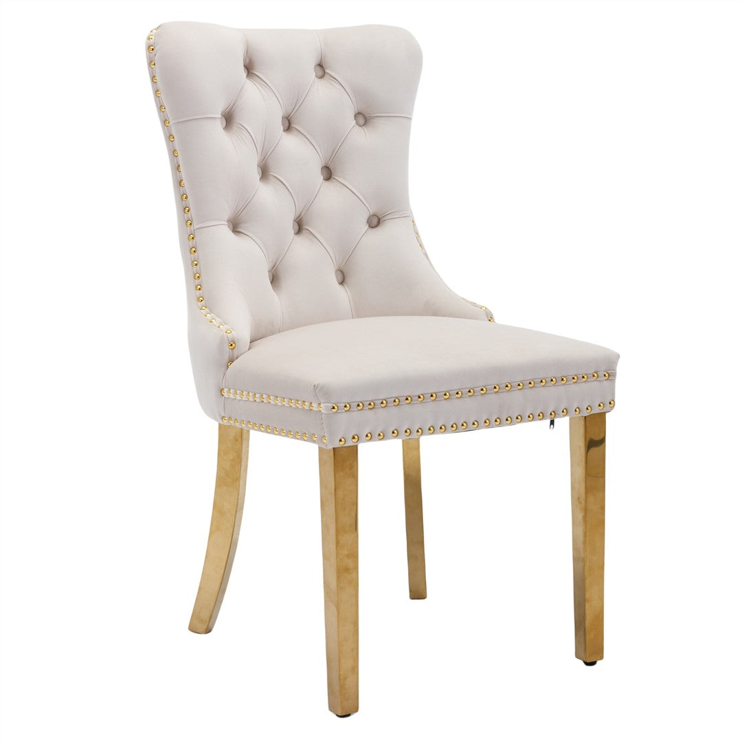 8x Velvet Dining Chairs with Golden Metal Legs-Beige