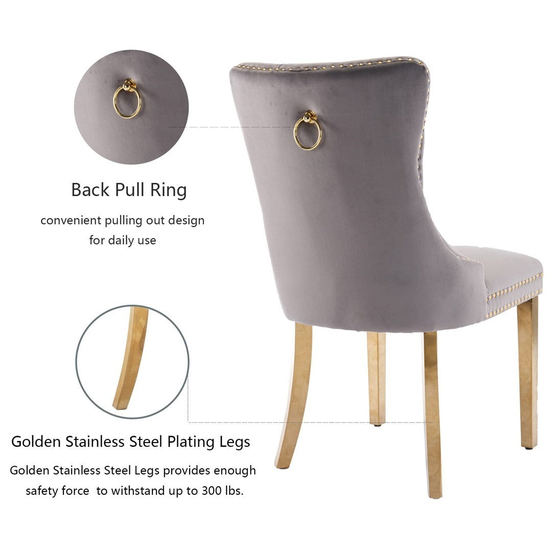 2x Velvet Dining Chairs with Golden Metal Legs-Grey