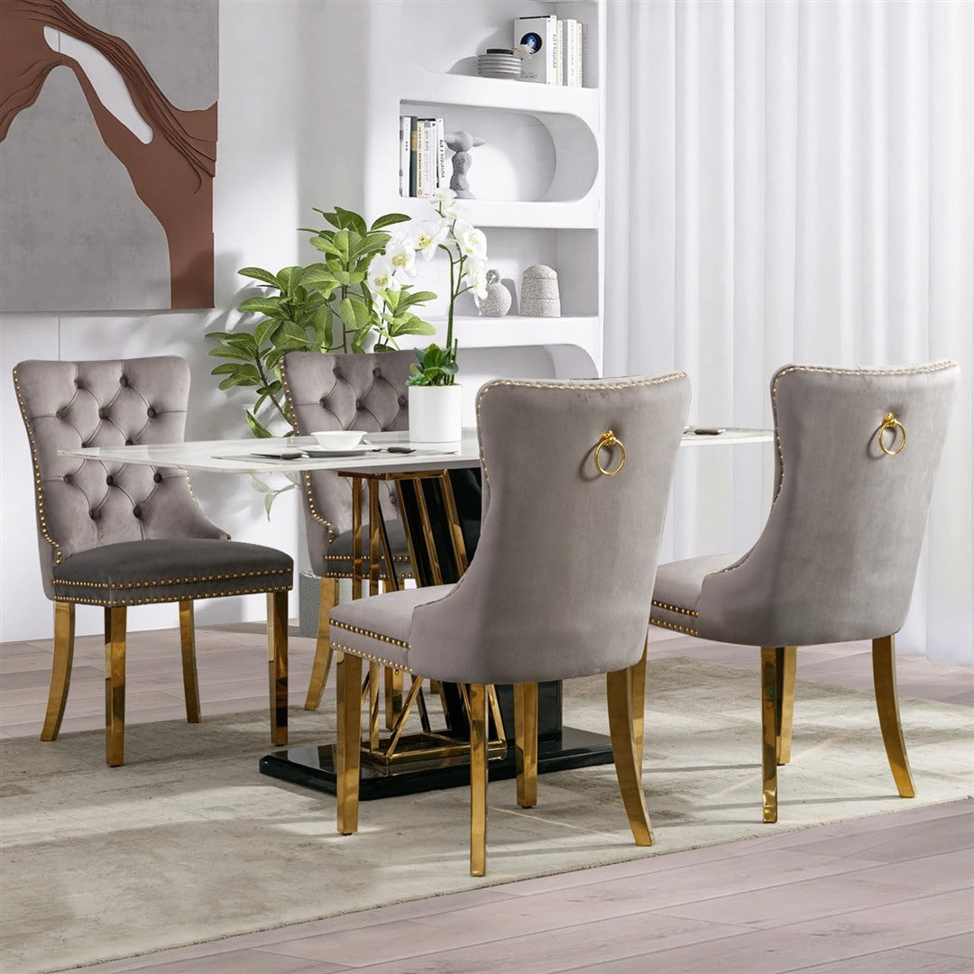 2x Velvet Dining Chairs with Golden Metal Legs-Grey