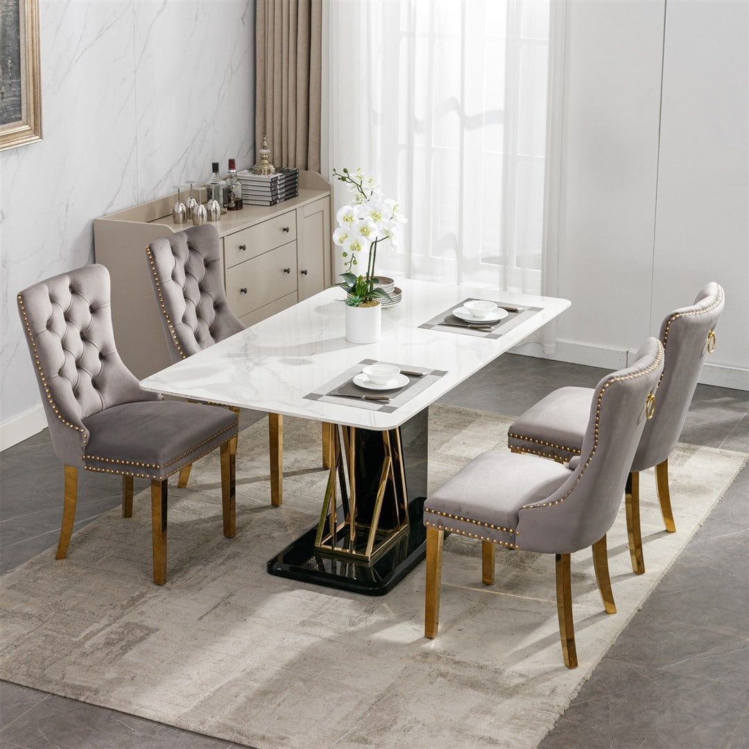 2x Velvet Dining Chairs with Golden Metal Legs-Grey