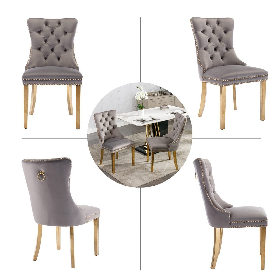 2x Velvet Dining Chairs with Golden Metal Legs-Grey