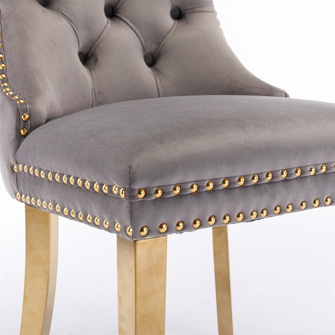 2x Velvet Dining Chairs with Golden Metal Legs-Grey