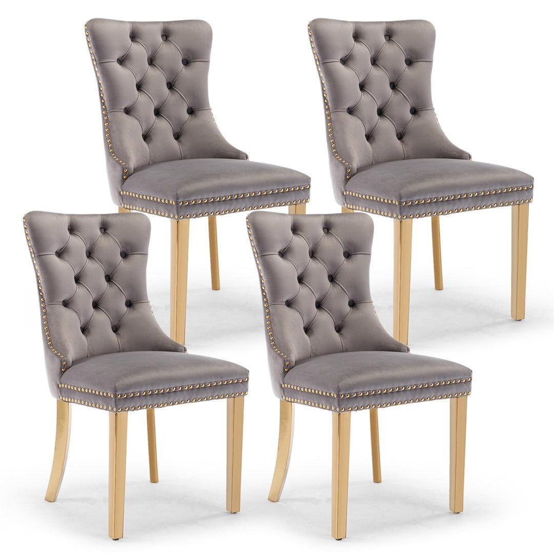 AADEN 4x Velvet Dining Chairs with Golden Metal Legs-Grey