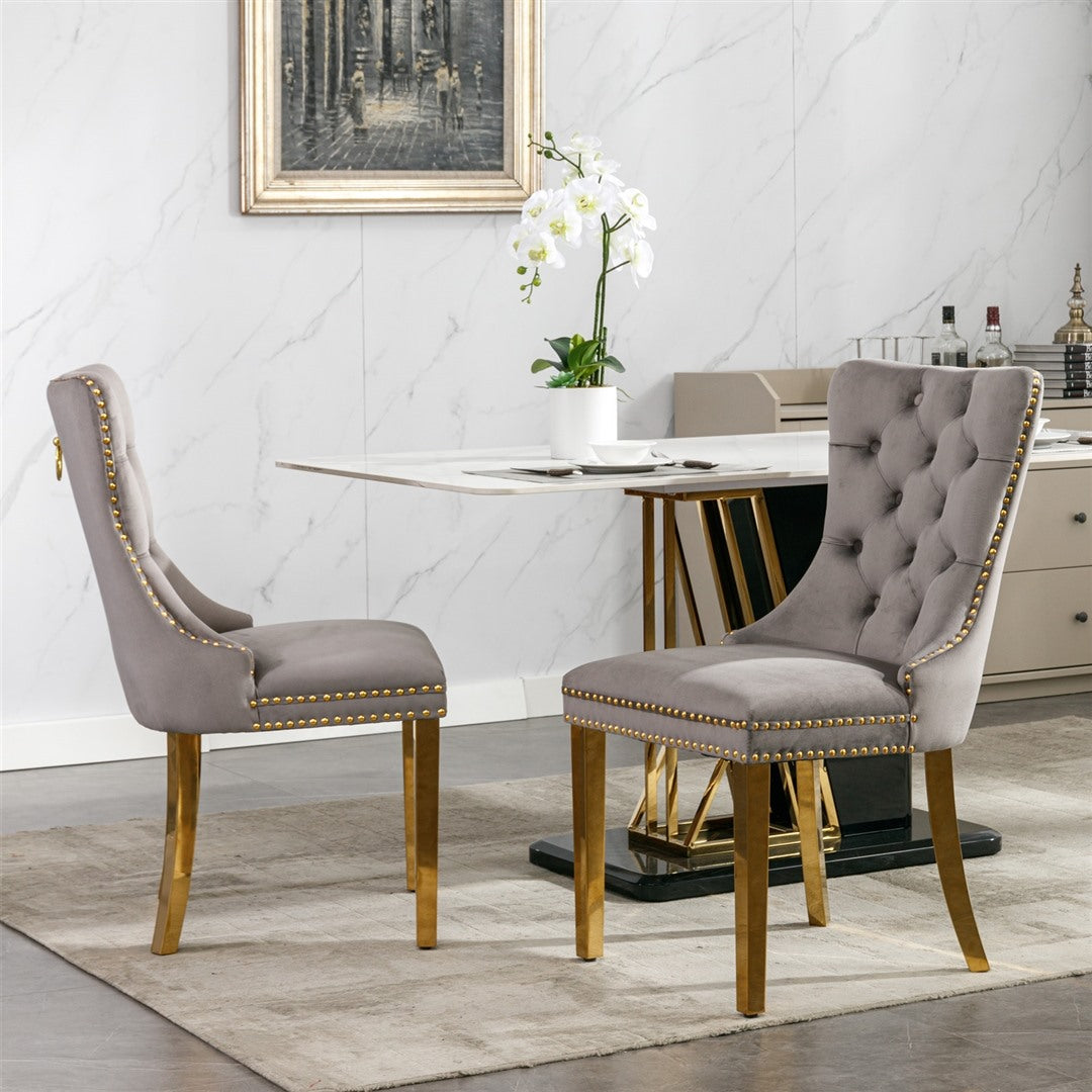 4x Velvet Dining Chairs with Golden Metal Legs-Grey