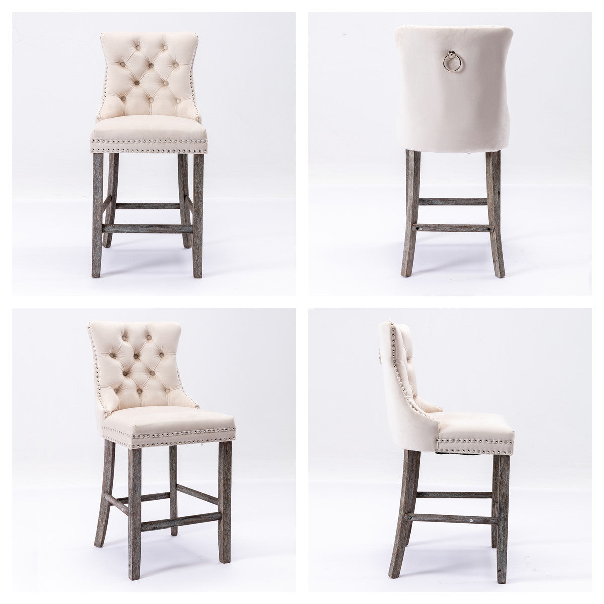 4X Velvet Bar Stools with Studs Trim Wooden Legs Tufted Dining Chairs Kitchen