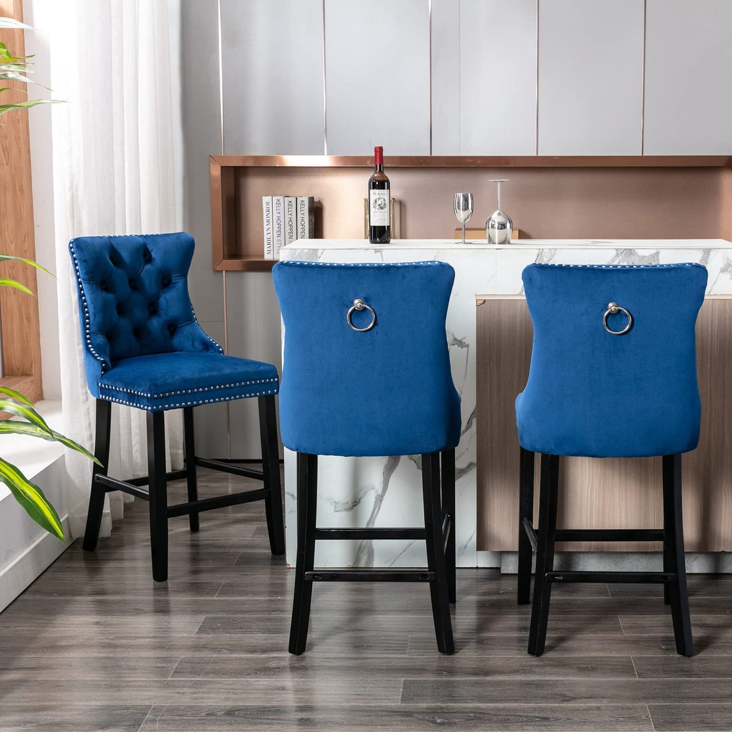 4X Velvet Bar Stools with Studs Trim Wooden Legs Tufted Dining Chairs Kitchen