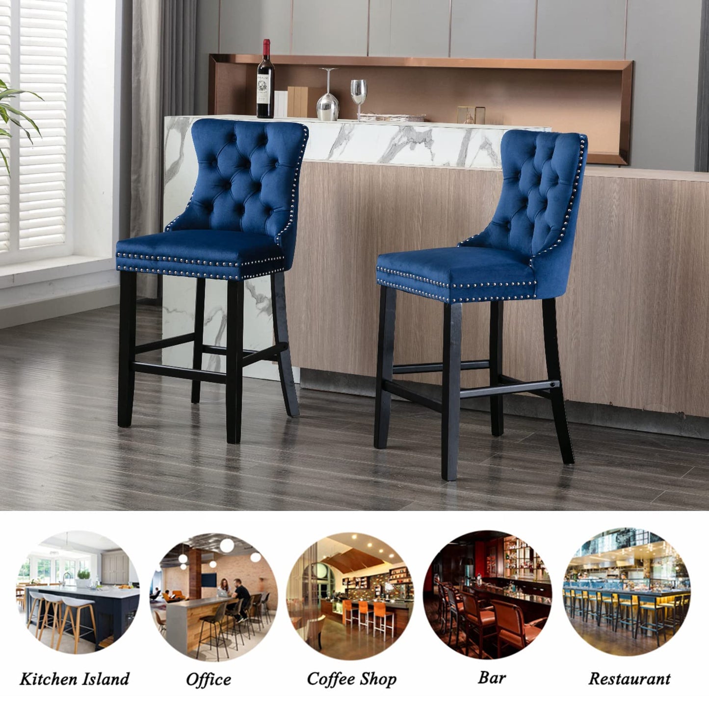 4X Velvet Bar Stools with Studs Trim Wooden Legs Tufted Dining Chairs Kitchen