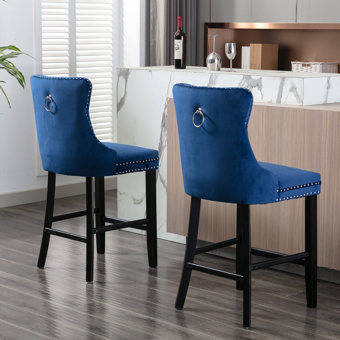 4X Velvet Bar Stools with Studs Trim Wooden Legs Tufted Dining Chairs Kitchen