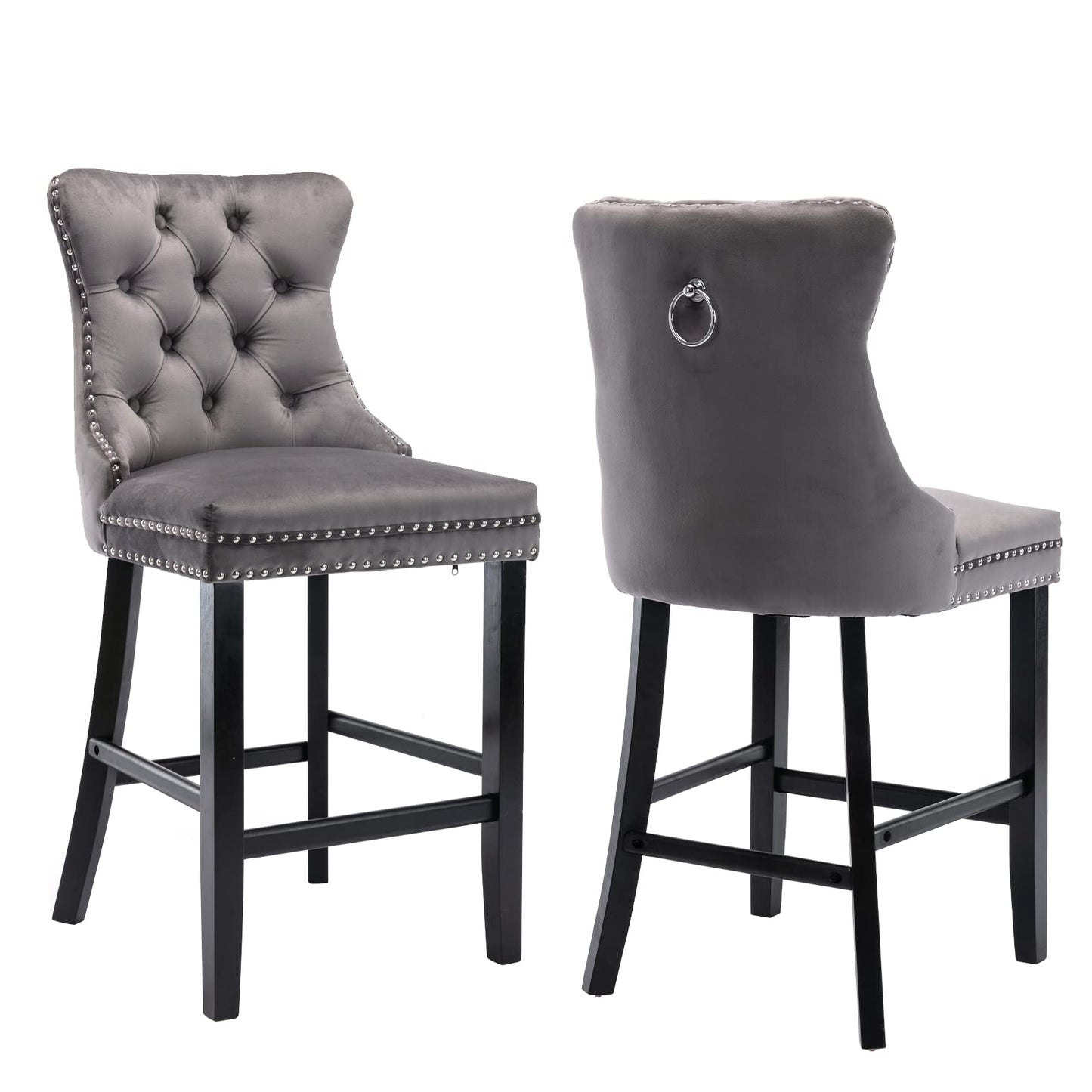 4X Velvet Bar Stools with Studs Trim Wooden Legs Tufted Dining Chairs Kitchen