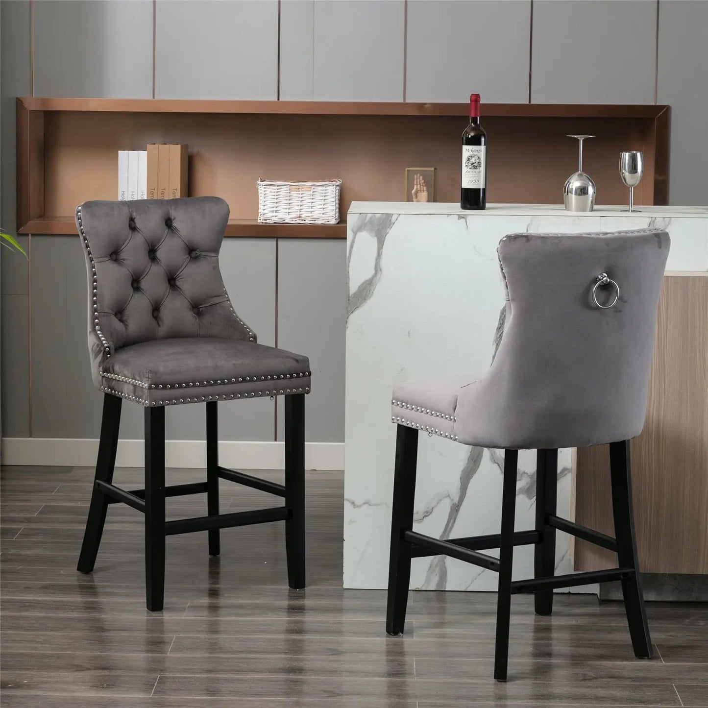 6X Velvet Bar Stools with Studs Trim Wooden Legs Tufted Dining Chairs Kitchen