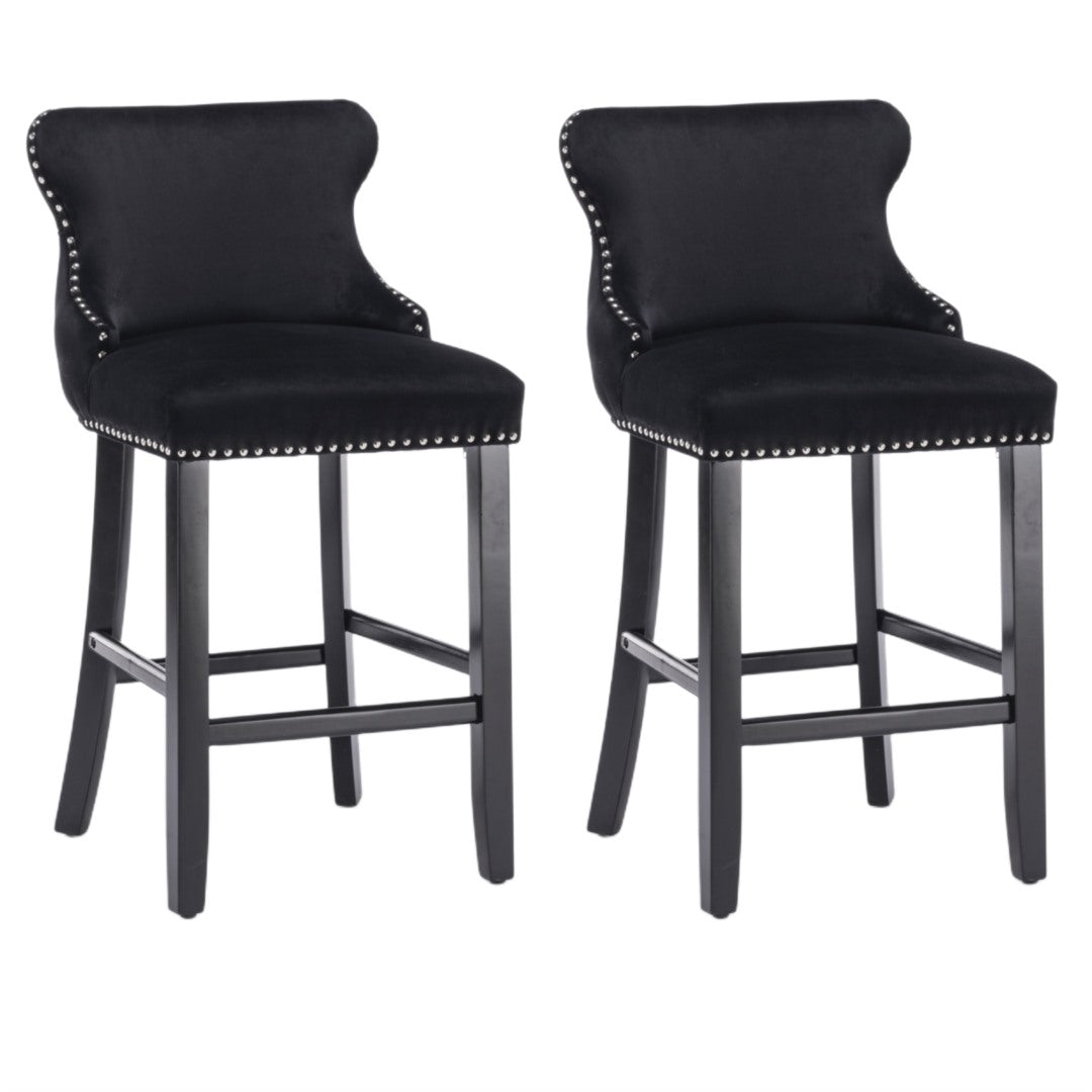 4x Velvet Upholstered Button Tufted Bar Stools with Wood Legs and Studs-Black