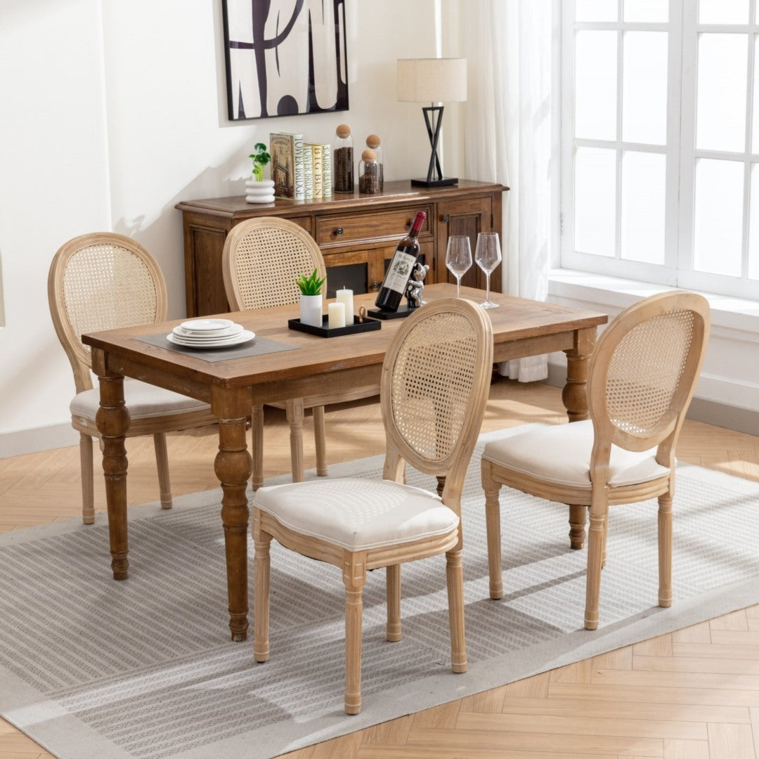 2x Rattan Dining Chairs with Solid Wood Legs- Beige