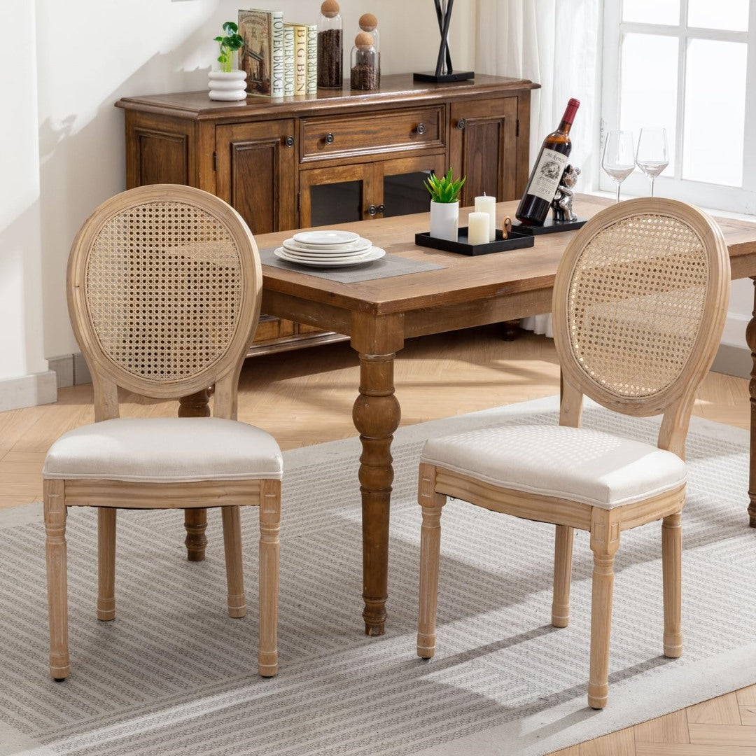 2x Rattan Dining Chairs with Solid Wood Legs- Beige