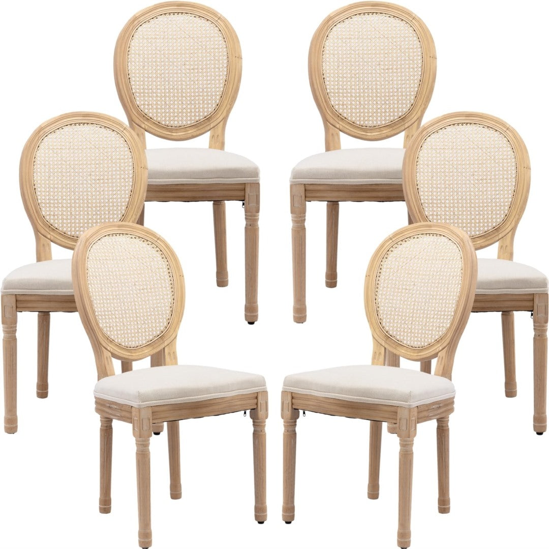 AADEN 6x Rattan Dining Chairs with Solid Wood Legs- Beige