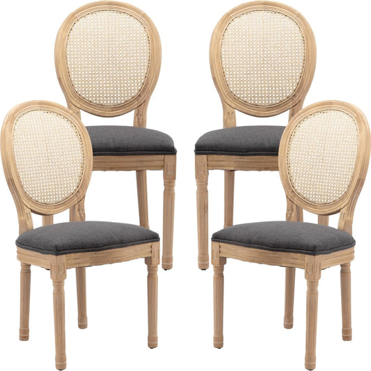 AADEN 4x Rattan Dining Chairs with Solid Wood Legs- Grey