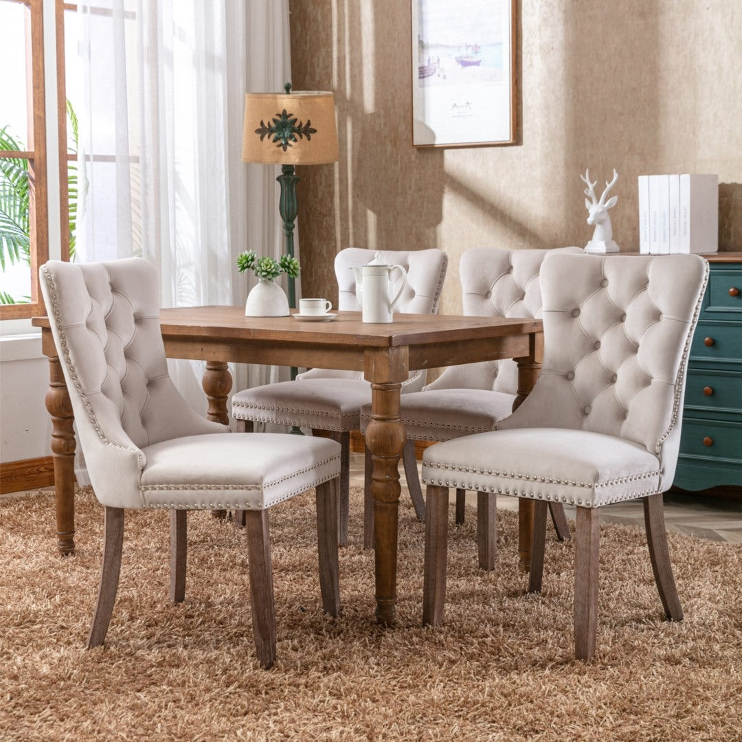 6x Velvet Dining Chairs Upholstered Tufted Kithcen Chair with Solid Wood Legs Stud Trim and Ring-Beige