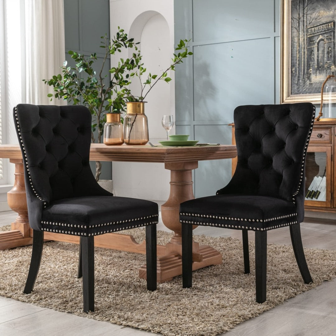 4x Velvet Dining Chairs Upholstered Tufted Kithcen Chair with Solid Wood Legs Stud Trim and Ring-Black