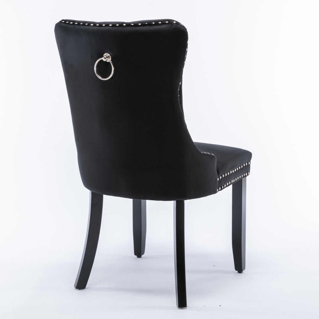 4x Velvet Dining Chairs Upholstered Tufted Kithcen Chair with Solid Wood Legs Stud Trim and Ring-Black