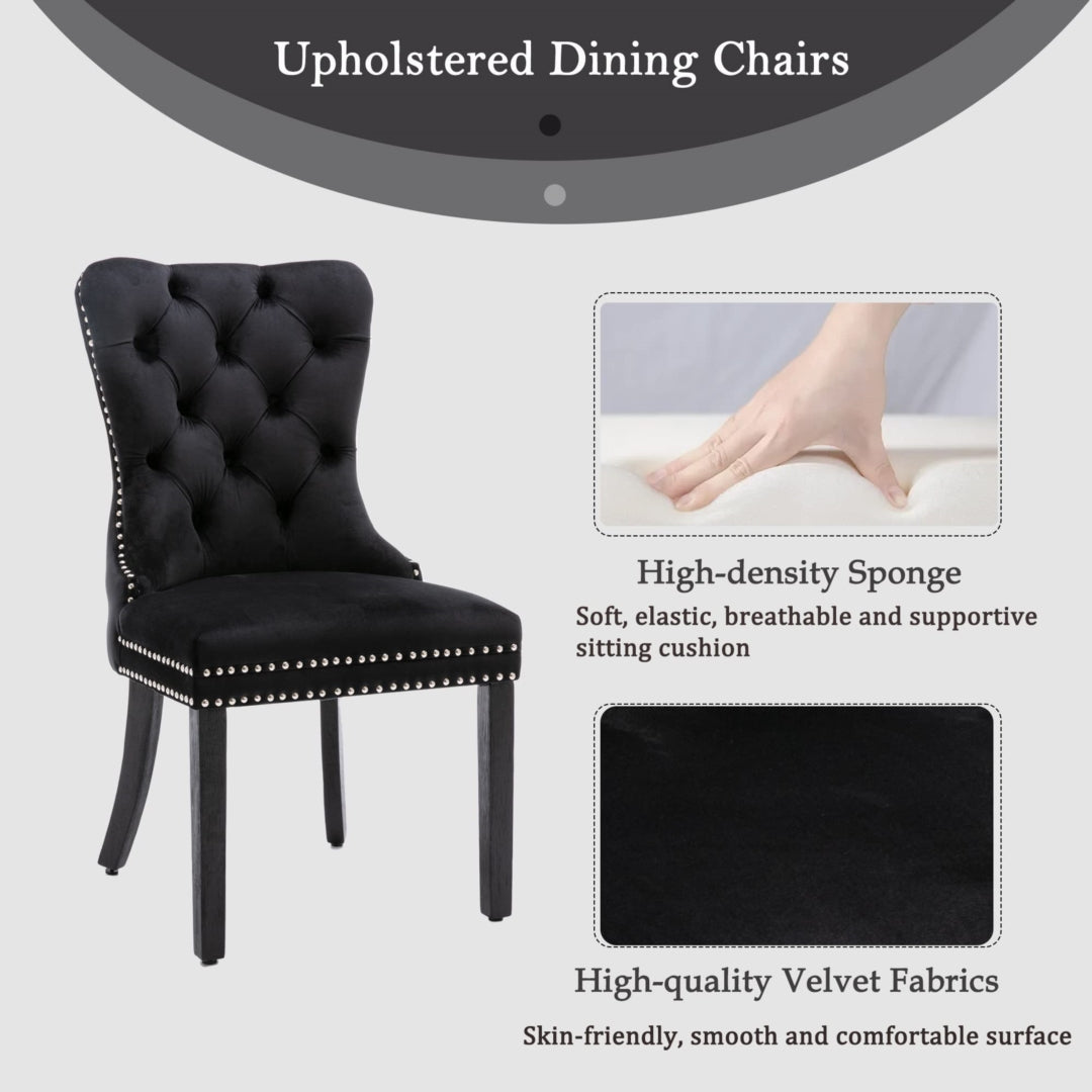 4x Velvet Dining Chairs Upholstered Tufted Kithcen Chair with Solid Wood Legs Stud Trim and Ring-Black