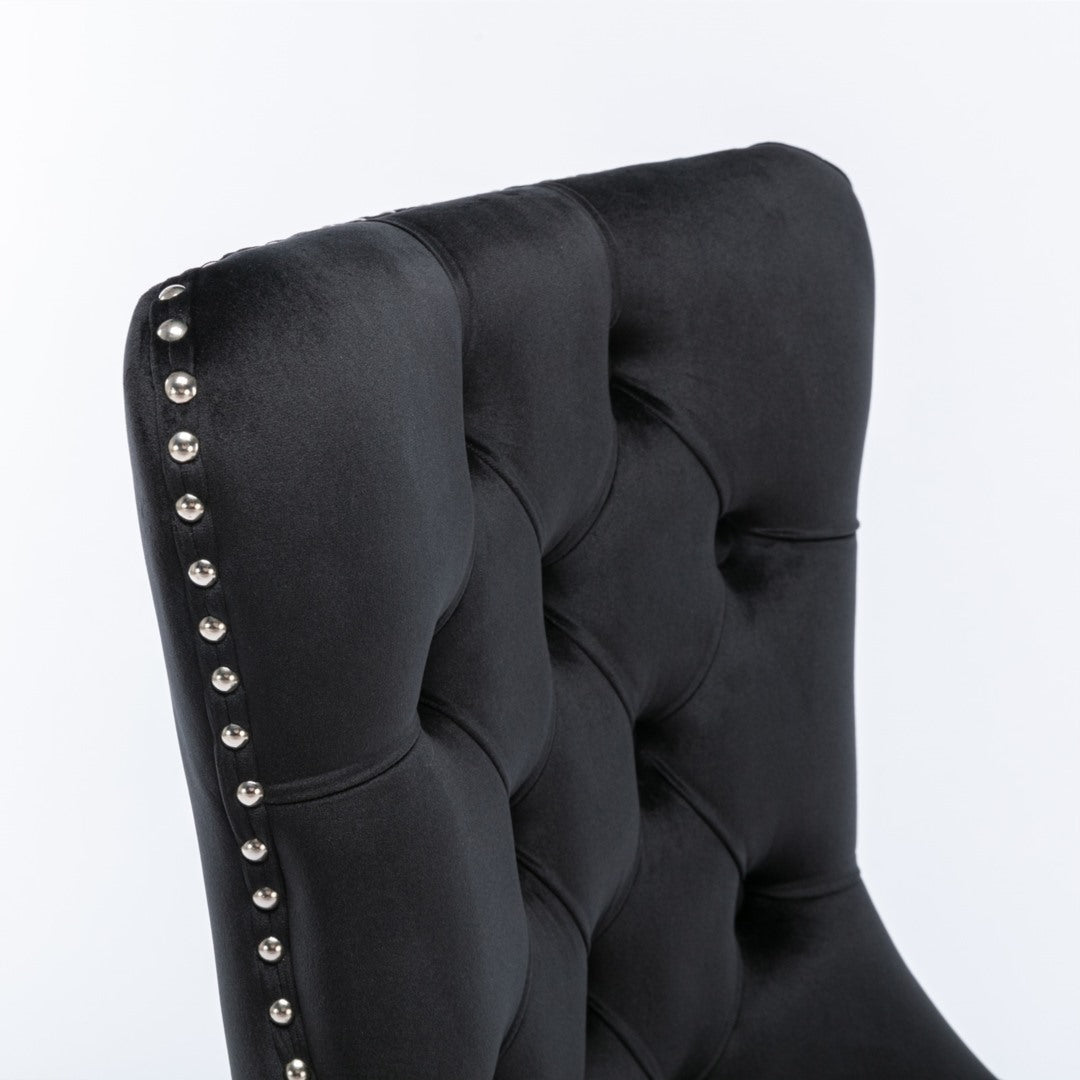 4x Velvet Dining Chairs Upholstered Tufted Kithcen Chair with Solid Wood Legs Stud Trim and Ring-Black