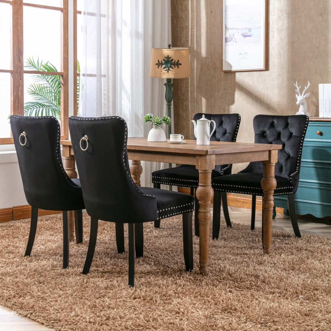 6x Velvet Dining Chairs Upholstered Tufted Kithcen Chair with Solid Wood Legs Stud Trim and Ring-Black